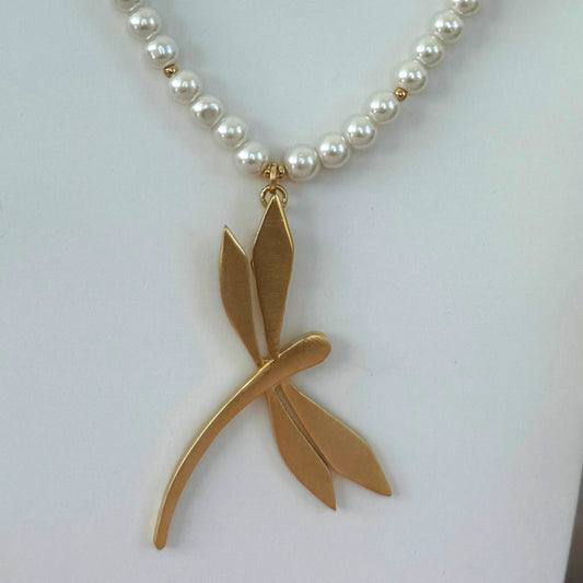 Golden Dragonfly Necklace Pearl