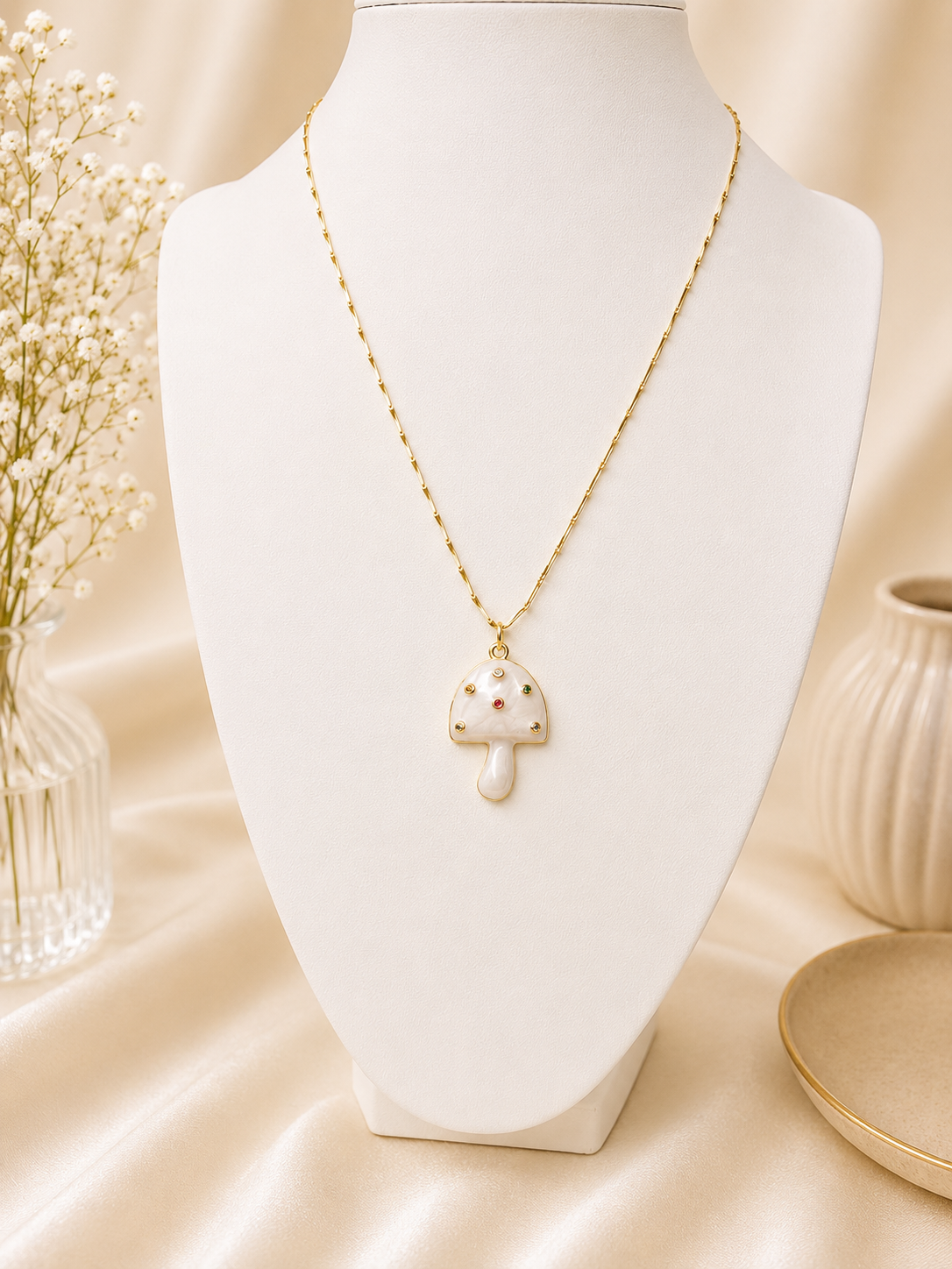 Golden Whimsy Mushroom Necklace