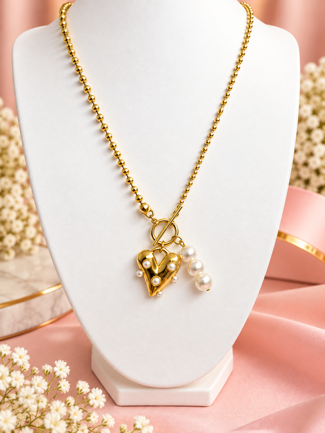 Golden Love Pearl Charm Necklace