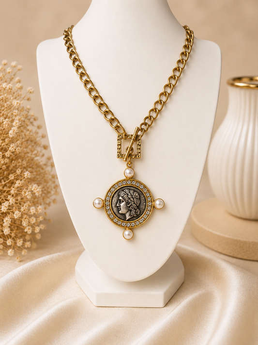 Imperial Coin Rhodium Pendant Necklace