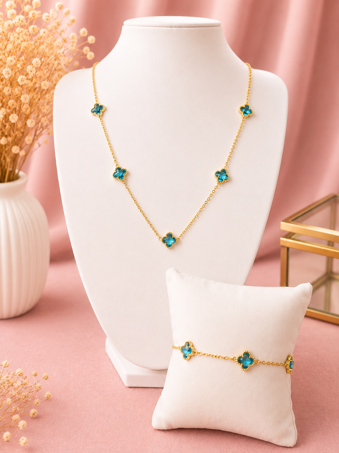 Crystal Clover Gold Filled Necklace &amp; Bracelet Set