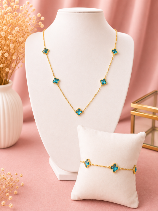 Crystal Clover Gold Filled Necklace &amp; Bracelet Set