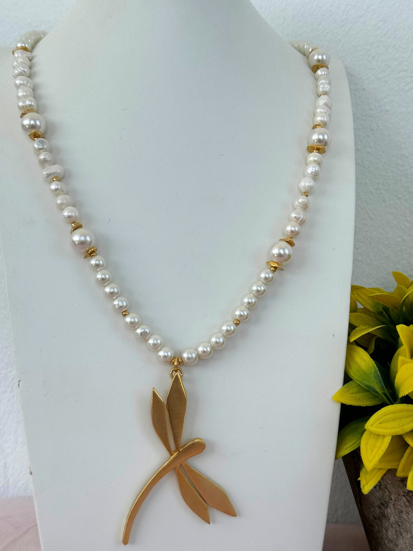 Golden Dragonfly Necklace Pearl