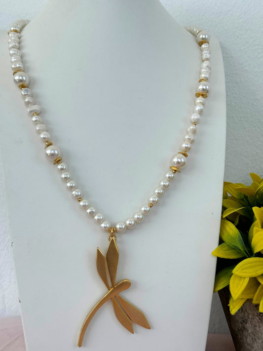 Golden Dragonfly Necklace Pearl
