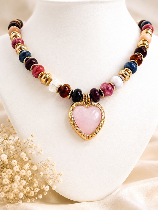 Pink Heart Beaded Statement Necklace