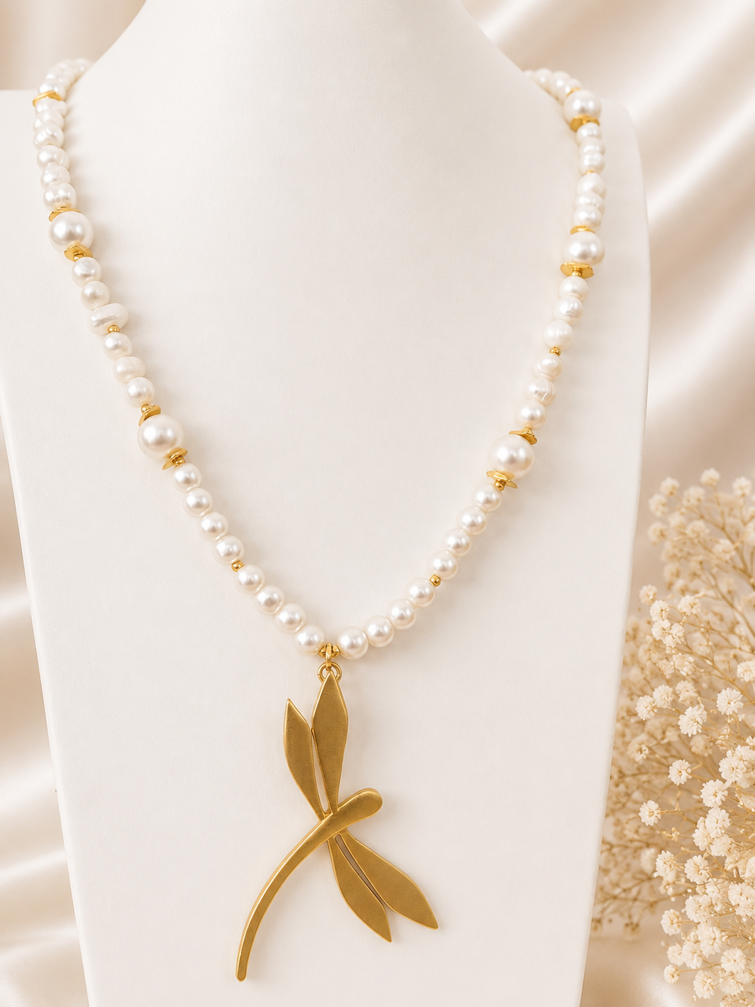 Golden Dragonfly Necklace Pearl
