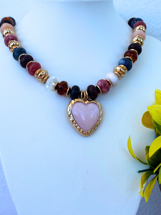 Pink Heart Beaded Statement Necklace